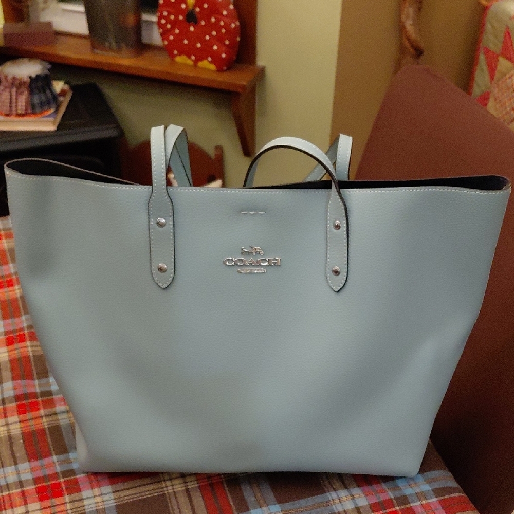 Coach Light Blue Pebbled Leather Town Tote